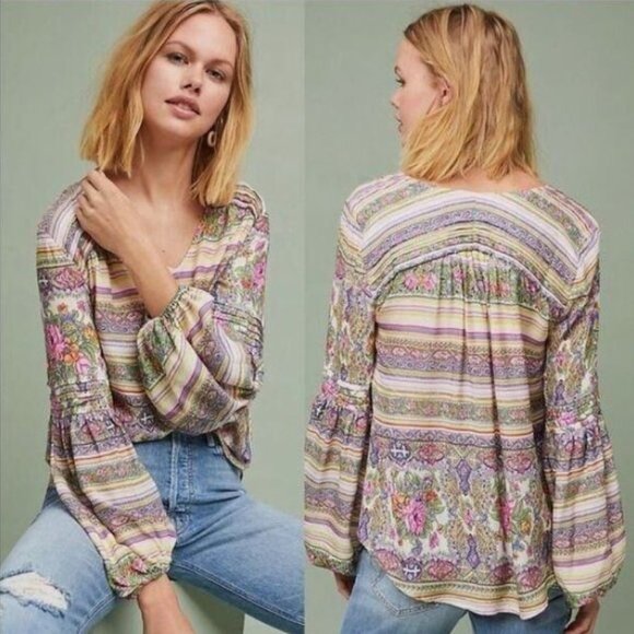 Anthropologie Maeve Ceresco Boho Floral Blouse Peasant Top Size 8 Petite - Picture 1 of 10